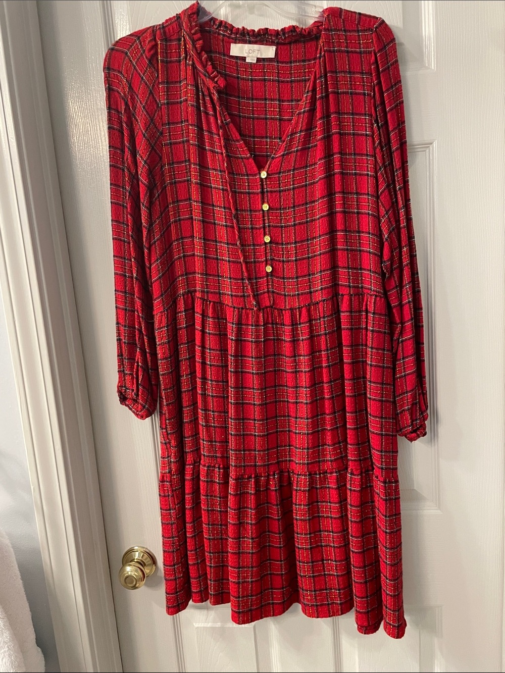 LOFT Red Plaid Tiered Long-Sleeve Button Dress